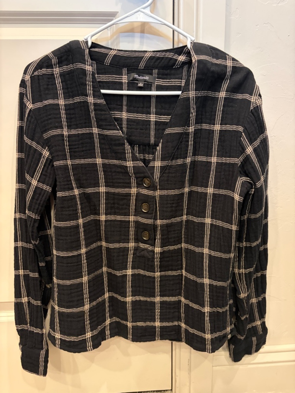 Madewell Black Plaid Button-Front V-Neck Top